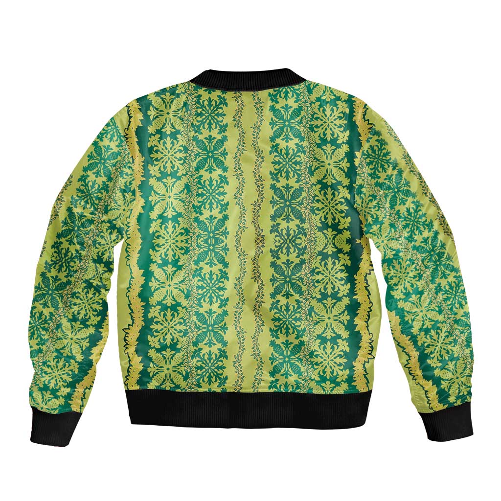 Hawaii Lei with Tribal Quilt Motif Sleeve Zip Bomber Jacket