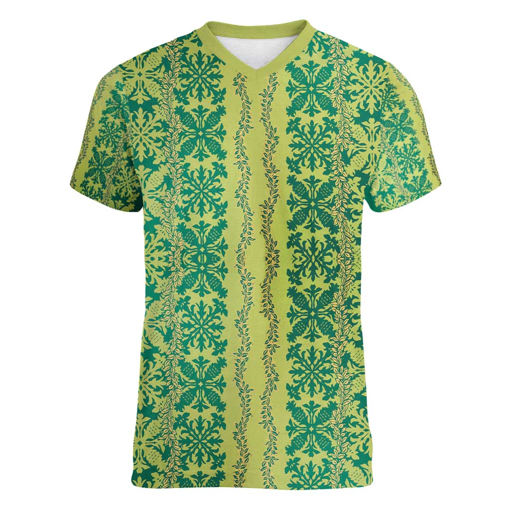 Hawaii Lei with Tribal Quilt Motif Women V-Neck T-Shirt