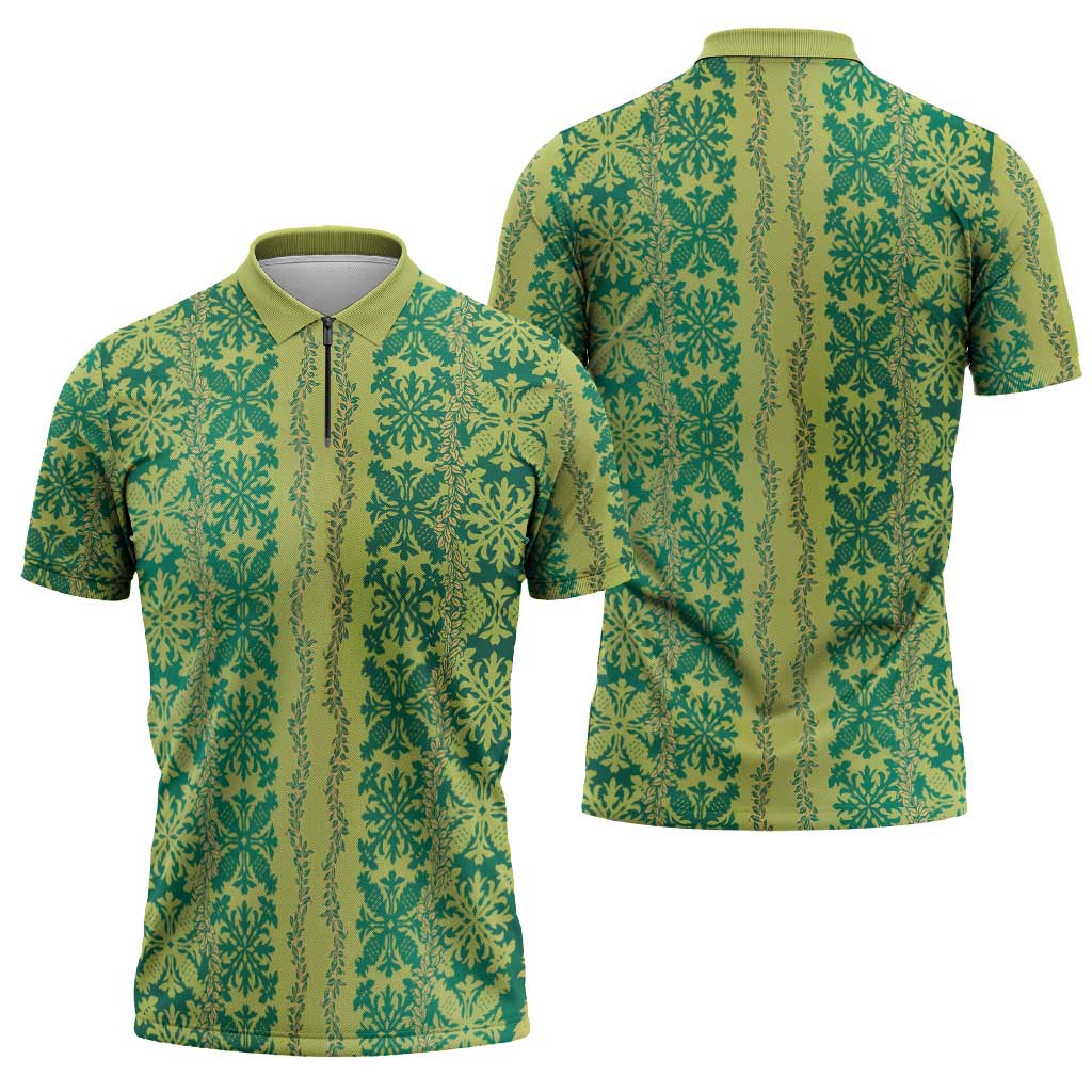 Hawaii Lei with Tribal Quilt Motif Zipper Polo Shirt - Polynesian Pride