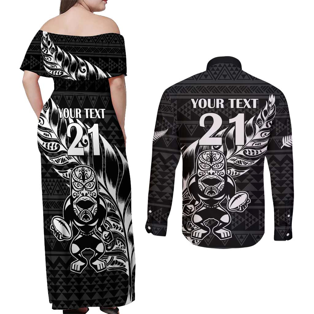 New Zealand Rugby Warrior Custom Couples Matching Off Shoulder Maxi Dress and Long Sleeve Button Shirt Black Fern Taniko Motif
