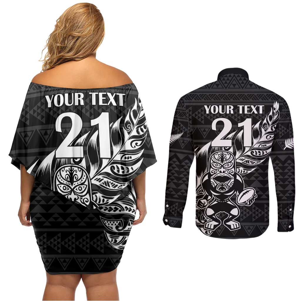 New Zealand Rugby Warrior Custom Couples Matching Off Shoulder Short Dress and Long Sleeve Button Shirt Black Fern Taniko Motif