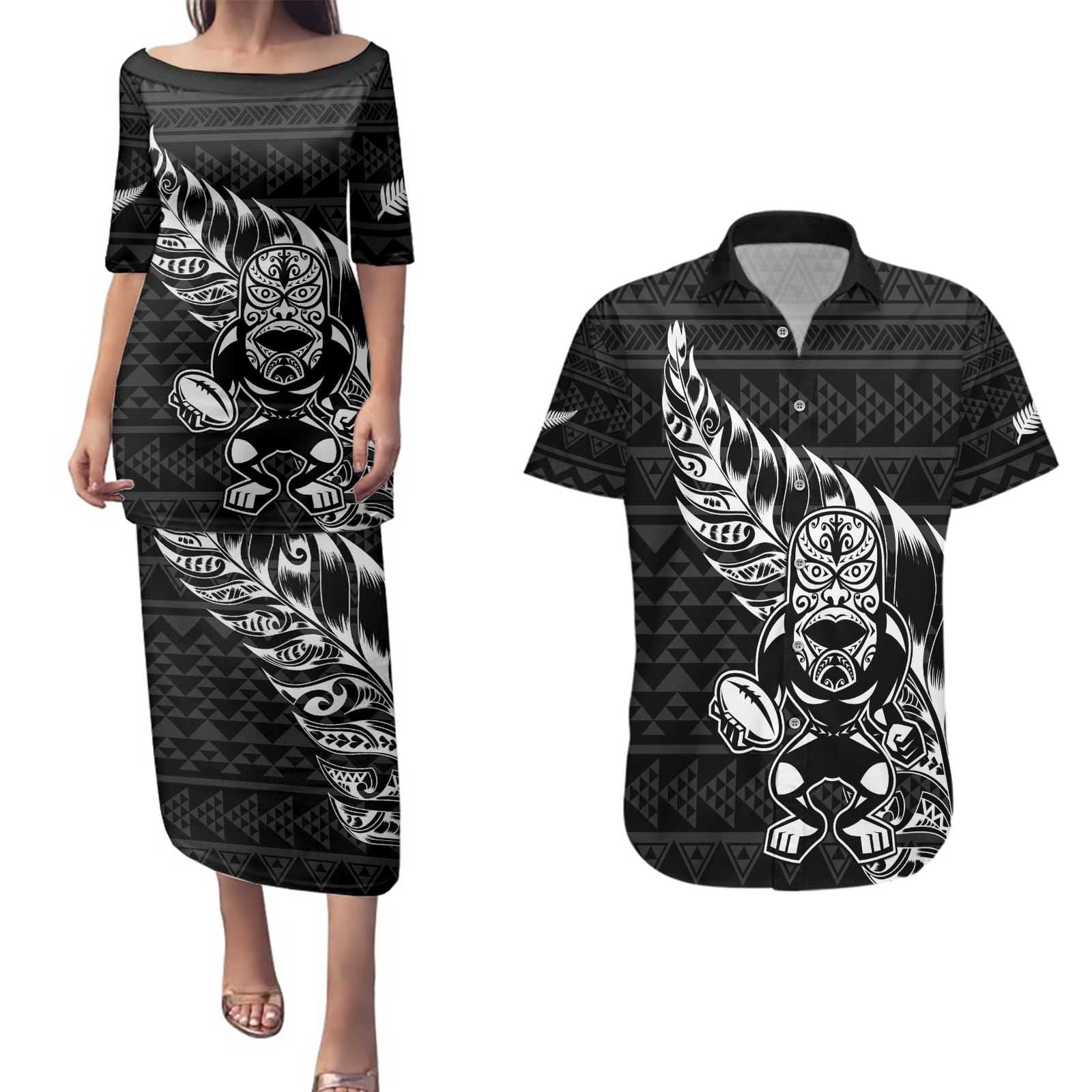 New Zealand Rugby Warrior Custom Couples Matching Puletasi and Hawaiian Shirt Black Fern Taniko Motif