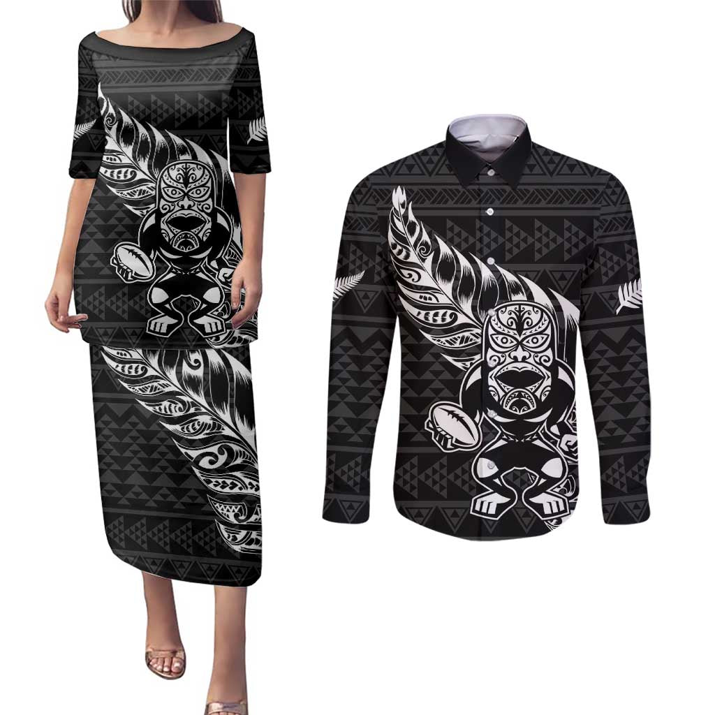 New Zealand Rugby Warrior Custom Couples Matching Puletasi and Long Sleeve Button Shirt Black Fern Taniko Motif