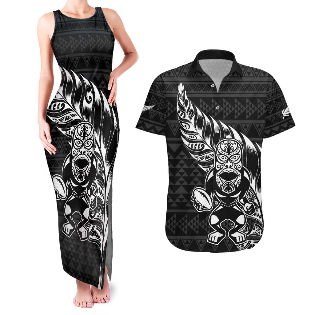 New Zealand Rugby Warrior Custom Couples Matching Tank Maxi Dress and Hawaiian Shirt Black Fern Taniko Motif