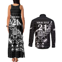 New Zealand Rugby Warrior Custom Couples Matching Tank Maxi Dress and Long Sleeve Button Shirt Black Fern Taniko Motif