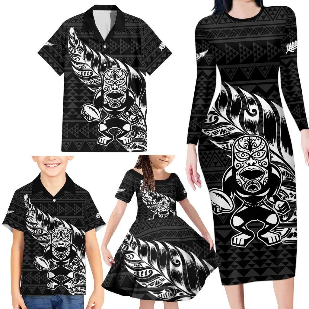 New Zealand Rugby Warrior Custom Family Matching Long Sleeve Bodycon Dress and Hawaiian Shirt Black Fern Taniko Motif