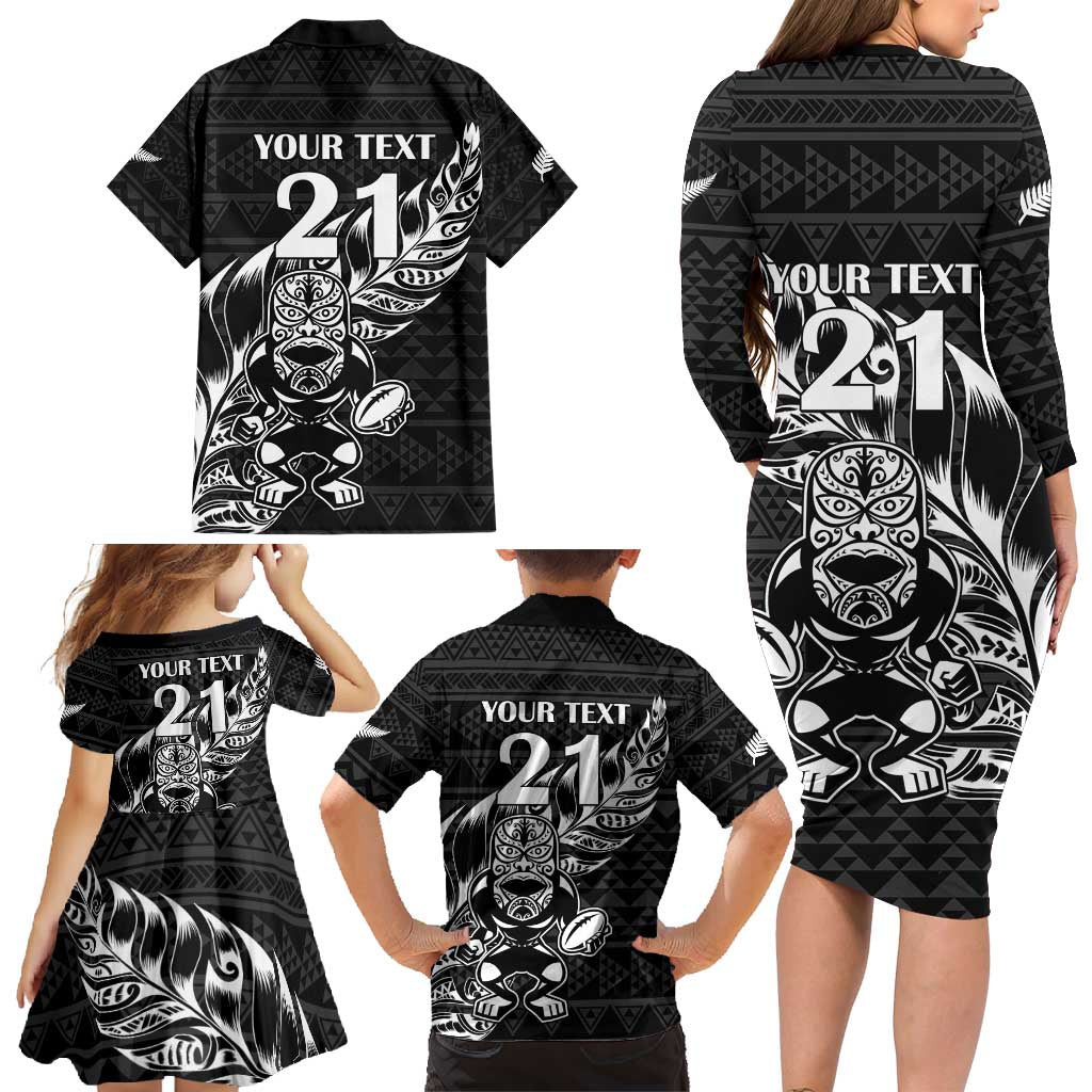 New Zealand Rugby Warrior Custom Family Matching Long Sleeve Bodycon Dress and Hawaiian Shirt Black Fern Taniko Motif