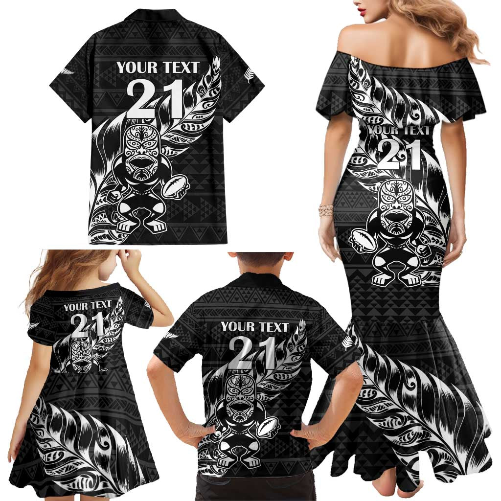 New Zealand Rugby Warrior Custom Family Matching Mermaid Dress and Hawaiian Shirt Black Fern Taniko Motif