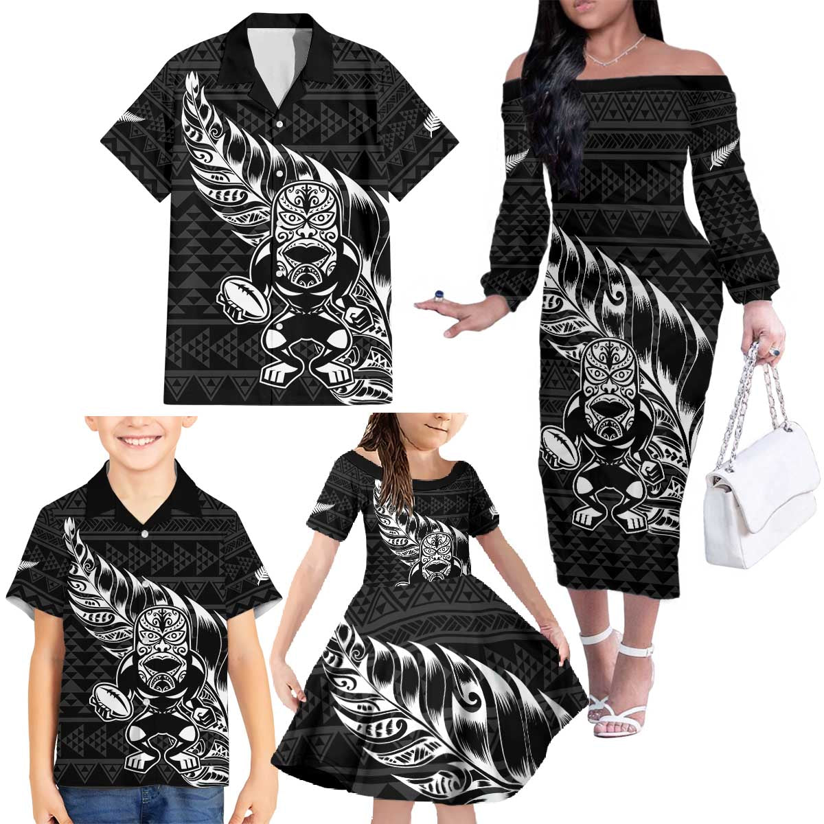 New Zealand Rugby Warrior Custom Family Matching Off The Shoulder Long Sleeve Dress and Hawaiian Shirt Black Fern Taniko Motif