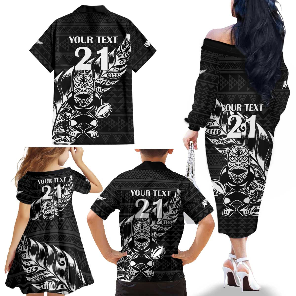 New Zealand Rugby Warrior Custom Family Matching Off The Shoulder Long Sleeve Dress and Hawaiian Shirt Black Fern Taniko Motif