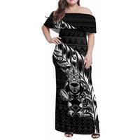 New Zealand Rugby Warrior Custom Family Matching Off Shoulder Maxi Dress and Hawaiian Shirt Black Fern Taniko Motif