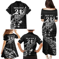 New Zealand Rugby Warrior Custom Family Matching Puletasi and Hawaiian Shirt Black Fern Taniko Motif