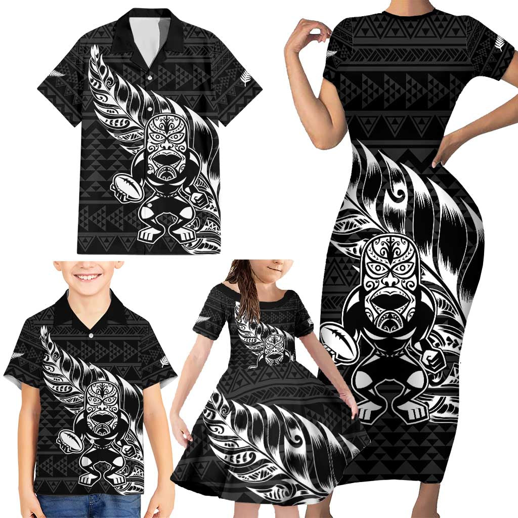 New Zealand Rugby Warrior Custom Family Matching Short Sleeve Bodycon Dress and Hawaiian Shirt Black Fern Taniko Motif