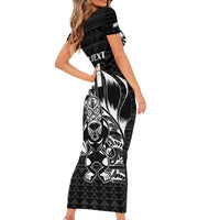 New Zealand Rugby Warrior Custom Family Matching Short Sleeve Bodycon Dress and Hawaiian Shirt Black Fern Taniko Motif