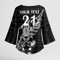 New Zealand Rugby Warrior Custom Kimono Sleeve Blouse Black Fern Taniko Motif - Polynesian Pride