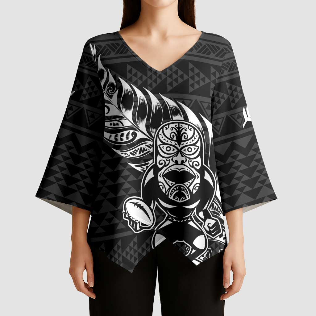 New Zealand Rugby Warrior Custom Kimono Sleeve Blouse Black Fern Taniko Motif - Polynesian Pride