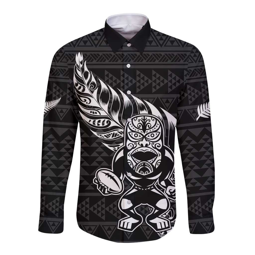 New Zealand Rugby Warrior Custom Long Sleeve Button Shirt Black Fern Taniko Motif