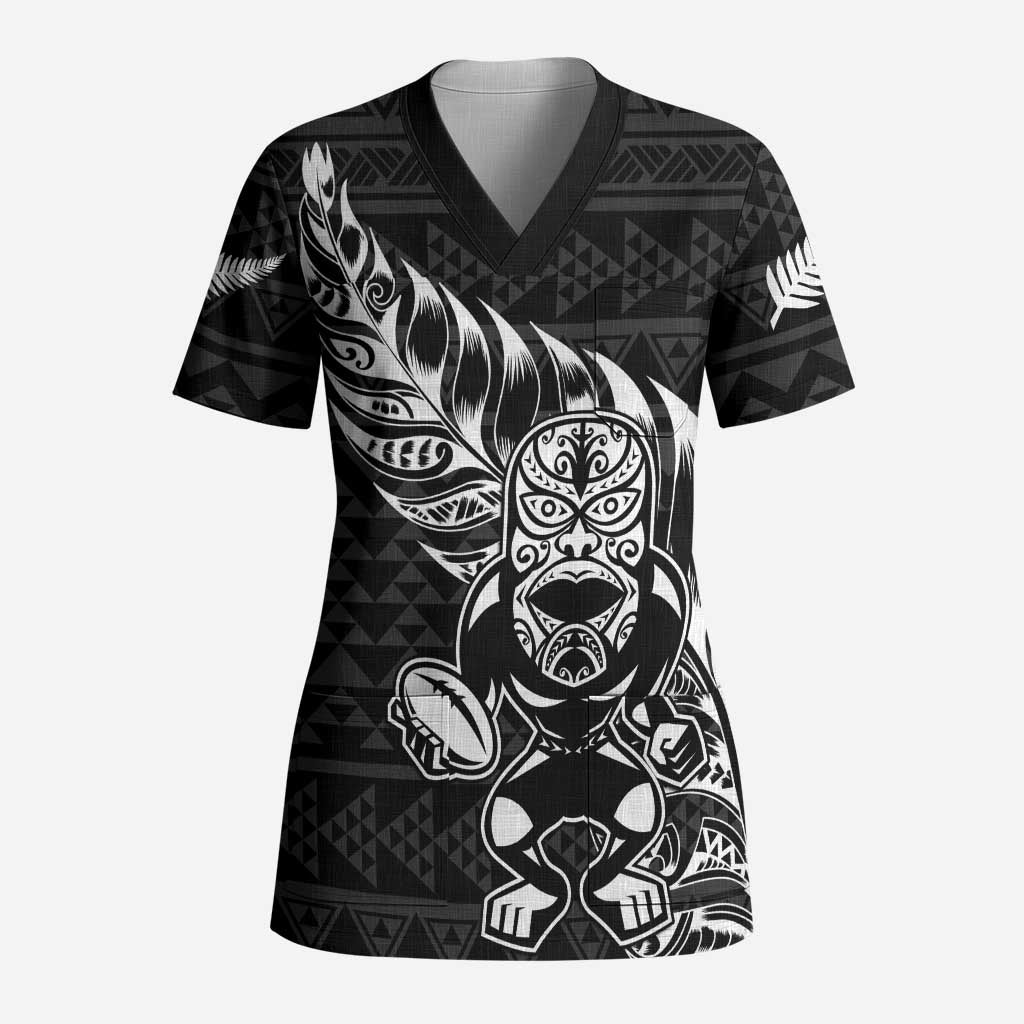 New Zealand Rugby Warrior Custom Scrub Top Black Fern Taniko Motif - Polynesian Pride
