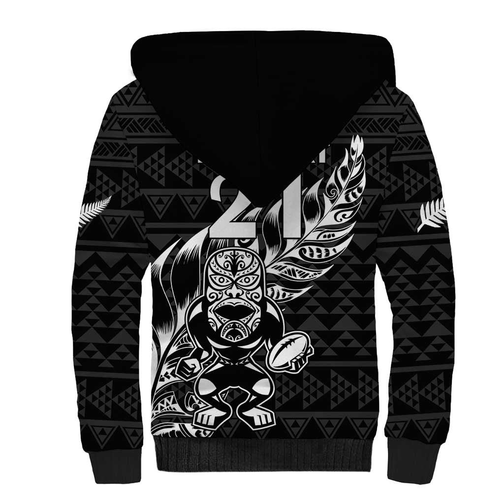 New Zealand Rugby Warrior Custom Sherpa Hoodie Black Fern Taniko Motif