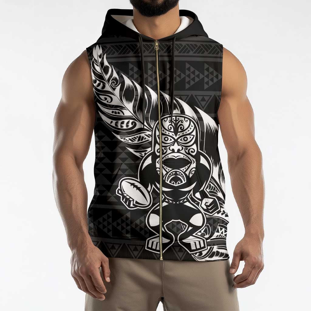 New Zealand Rugby Warrior Custom Sleeveless Zip Hoodie Black Fern Taniko Motif - Polynesian Pride