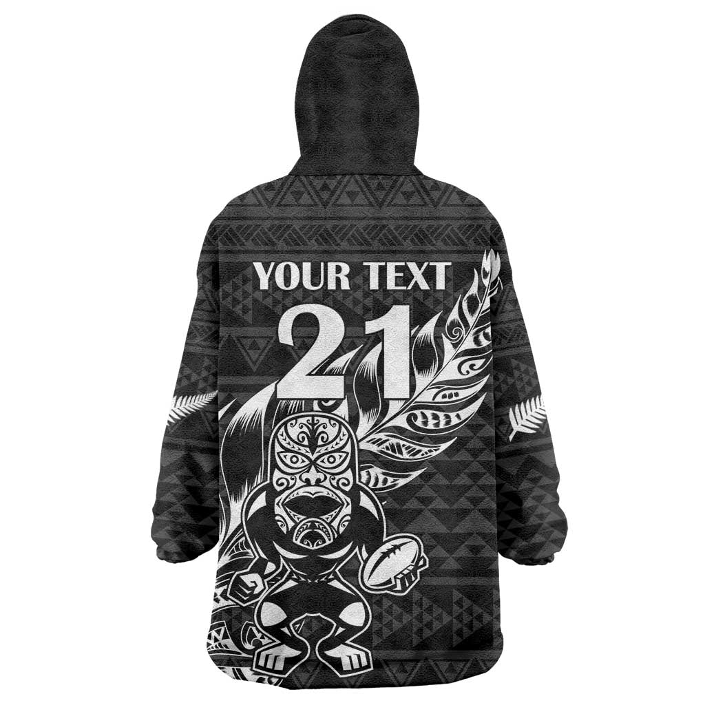 New Zealand Rugby Warrior Custom Wearable Blanket Hoodie Black Fern Taniko Motif