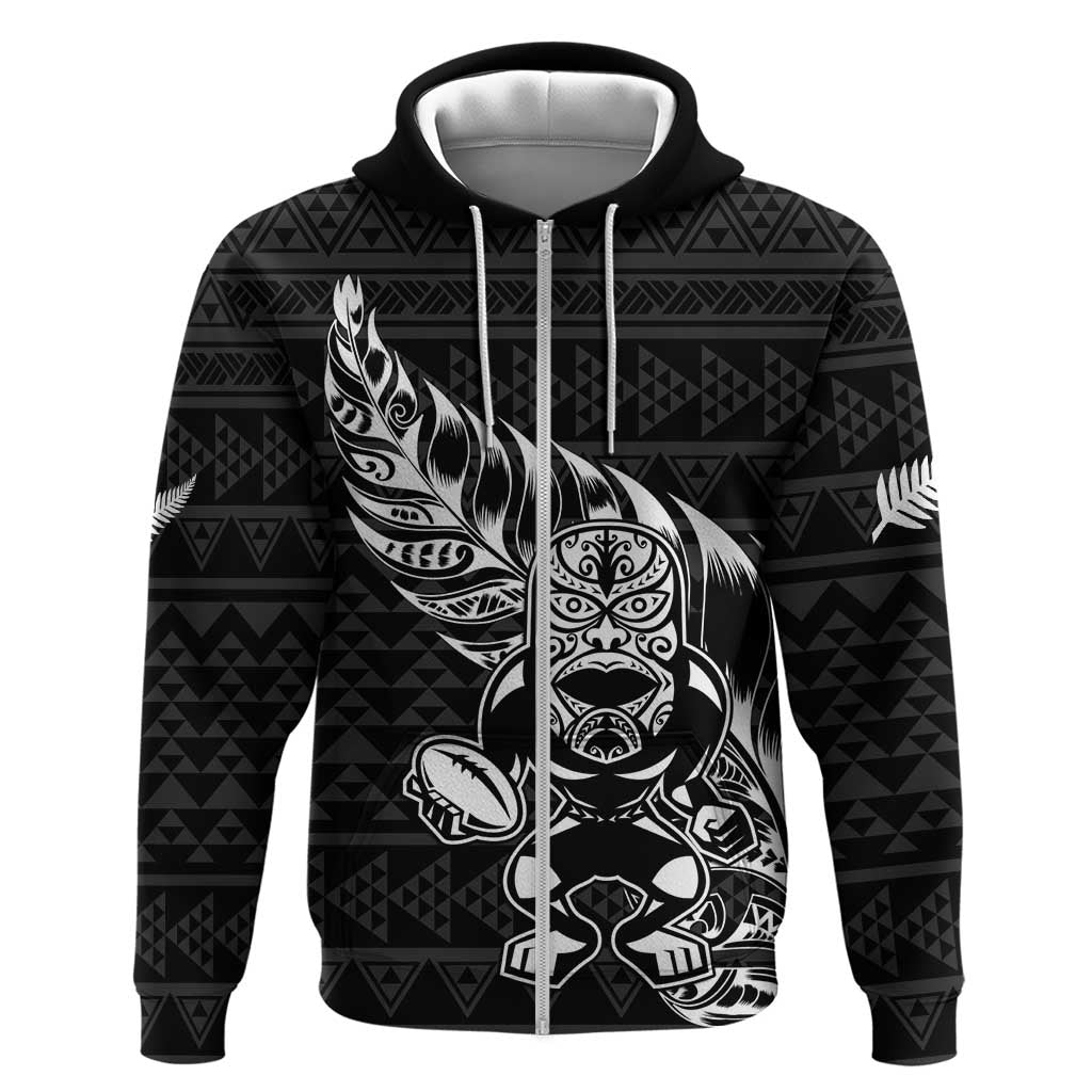 New Zealand Rugby Warrior Custom Zip Hoodie Black Fern Taniko Motif