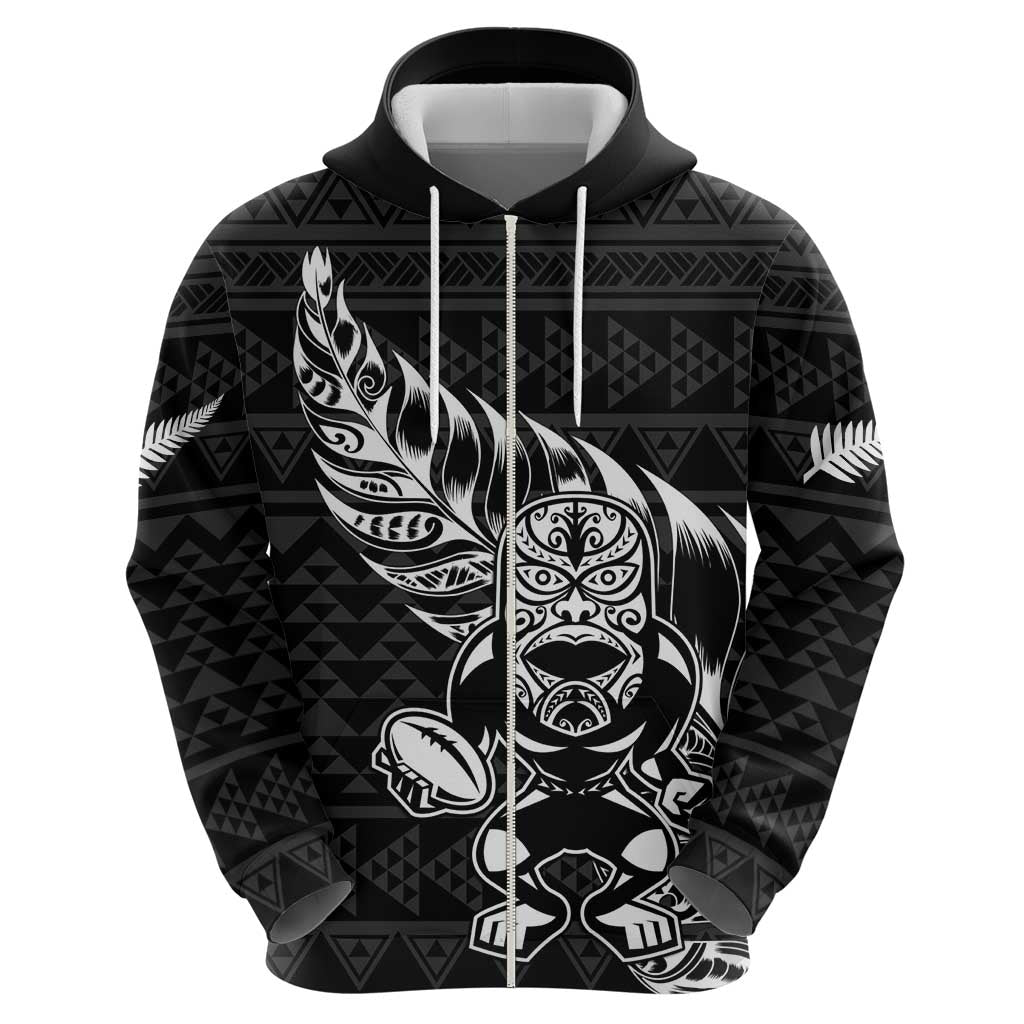 New Zealand Rugby Warrior Custom Zip Hoodie Black Fern Taniko Motif