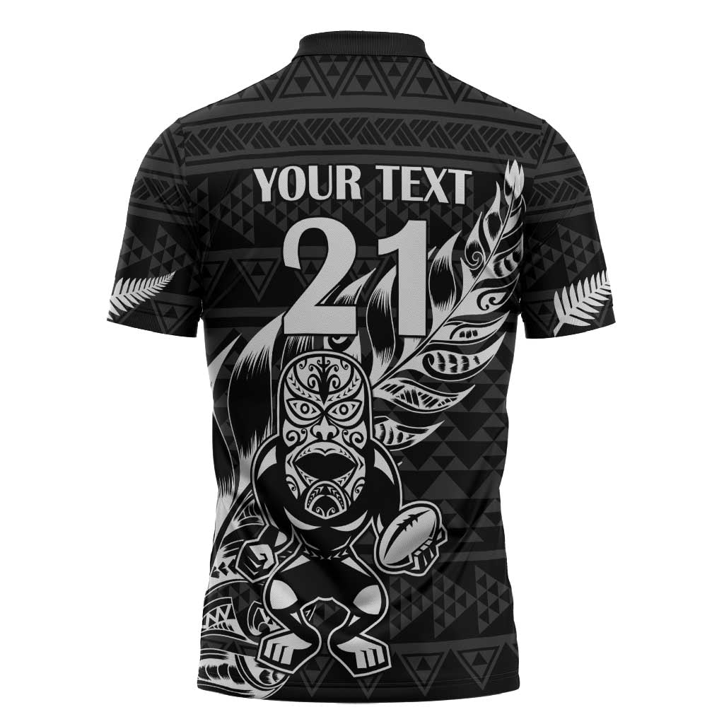 New Zealand Rugby Warrior Custom Zipper Polo Shirt Black Fern Taniko Motif - Polynesian Pride