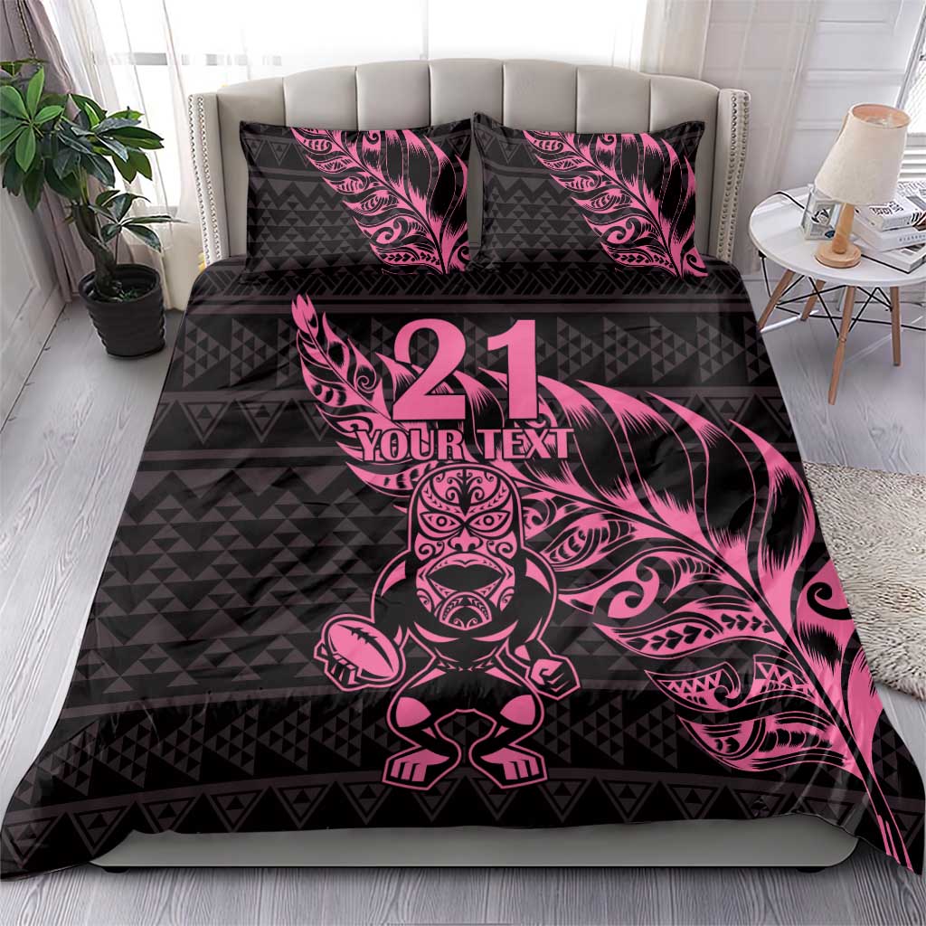 New Zealand Rugby Warrior Custom Bedding Set Pink Fern Taniko Motif