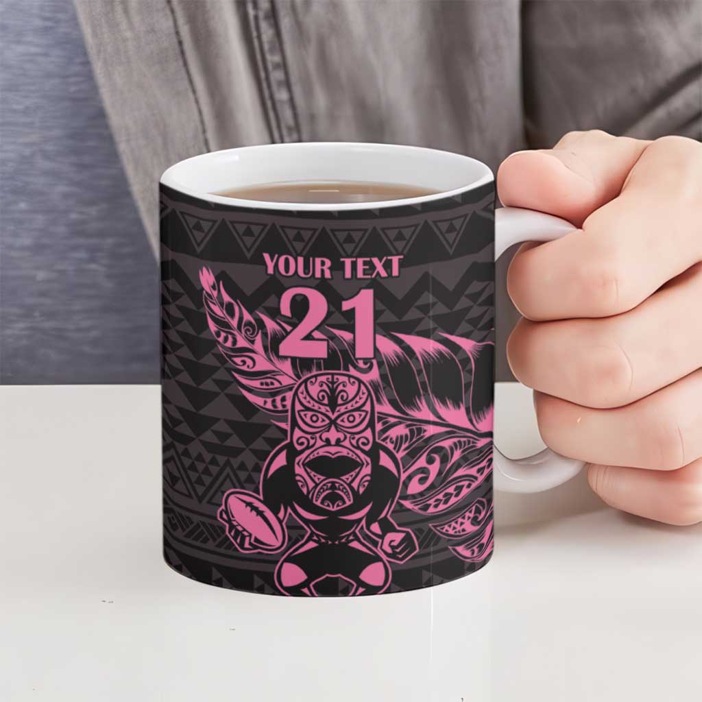 New Zealand Rugby Warrior Custom Ceramic Mug Pink Fern Taniko Motif - Polynesian Pride
