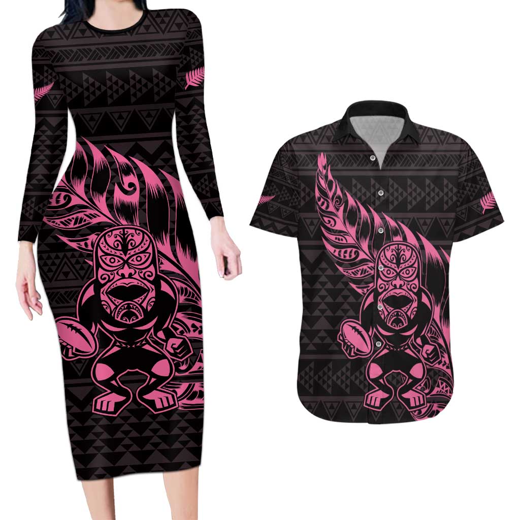 New Zealand Rugby Warrior Custom Couples Matching Long Sleeve Bodycon Dress and Hawaiian Shirt Pink Fern Taniko Motif
