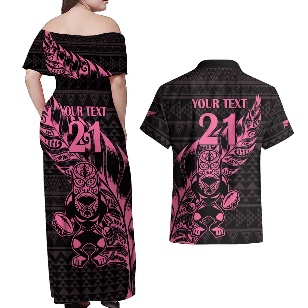 New Zealand Rugby Warrior Custom Couples Matching Off Shoulder Maxi Dress and Hawaiian Shirt Pink Fern Taniko Motif