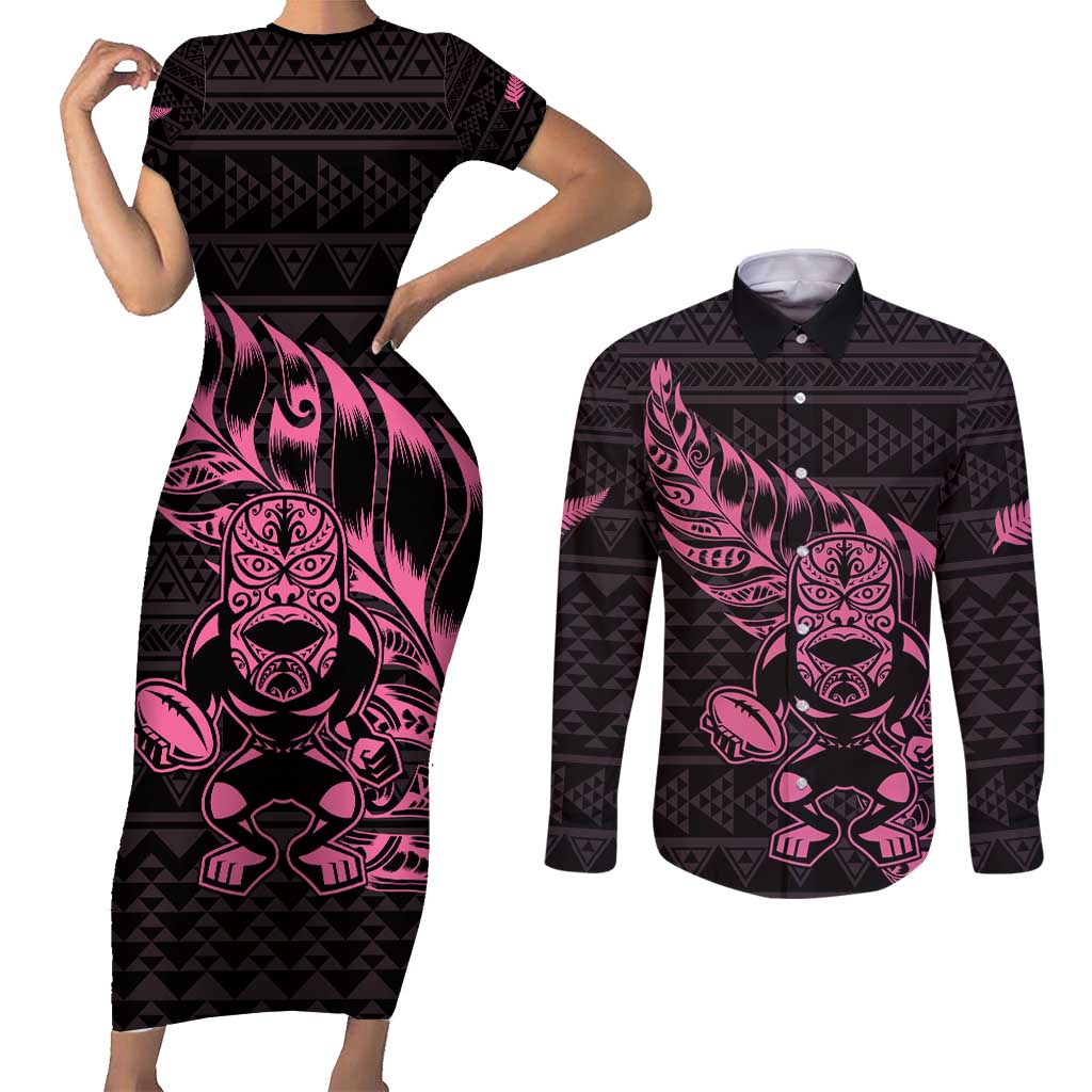 New Zealand Rugby Warrior Custom Couples Matching Short Sleeve Bodycon Dress and Long Sleeve Button Shirt Pink Fern Taniko Motif