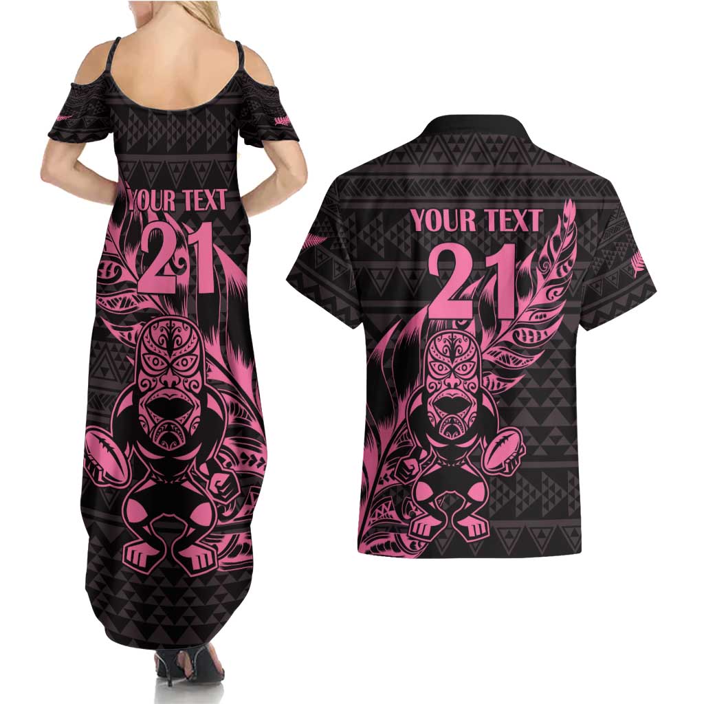New Zealand Rugby Warrior Custom Couples Matching Summer Maxi Dress and Hawaiian Shirt Pink Fern Taniko Motif