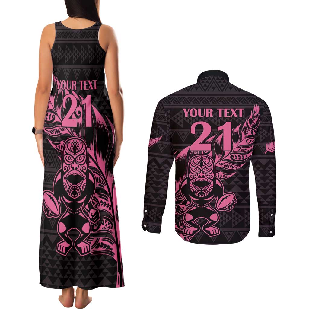 New Zealand Rugby Warrior Custom Couples Matching Tank Maxi Dress and Long Sleeve Button Shirt Pink Fern Taniko Motif