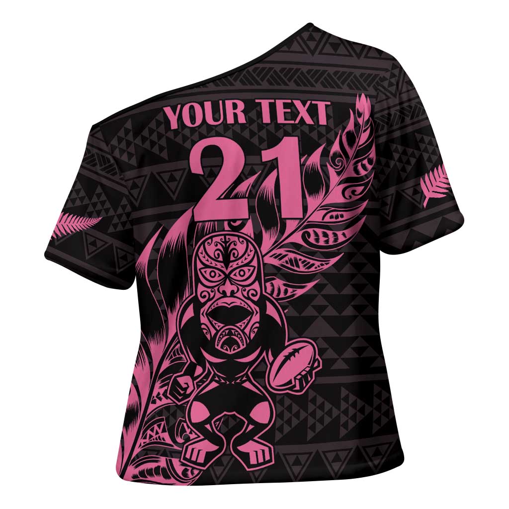 New Zealand Rugby Warrior Custom Cross Shoulder Shirt Pink Fern Taniko Motif - Polynesian Pride