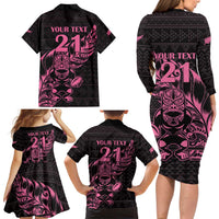 New Zealand Rugby Warrior Custom Family Matching Long Sleeve Bodycon Dress and Hawaiian Shirt Pink Fern Taniko Motif