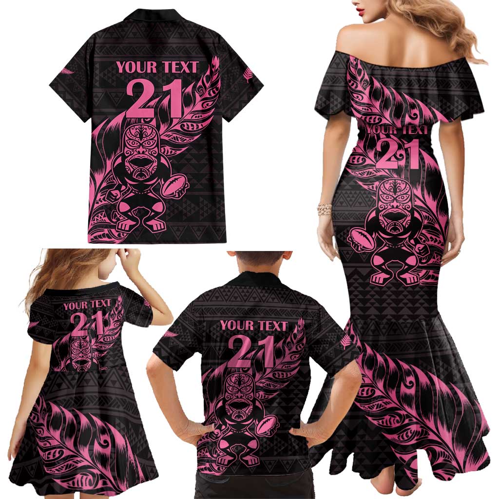New Zealand Rugby Warrior Custom Family Matching Mermaid Dress and Hawaiian Shirt Pink Fern Taniko Motif
