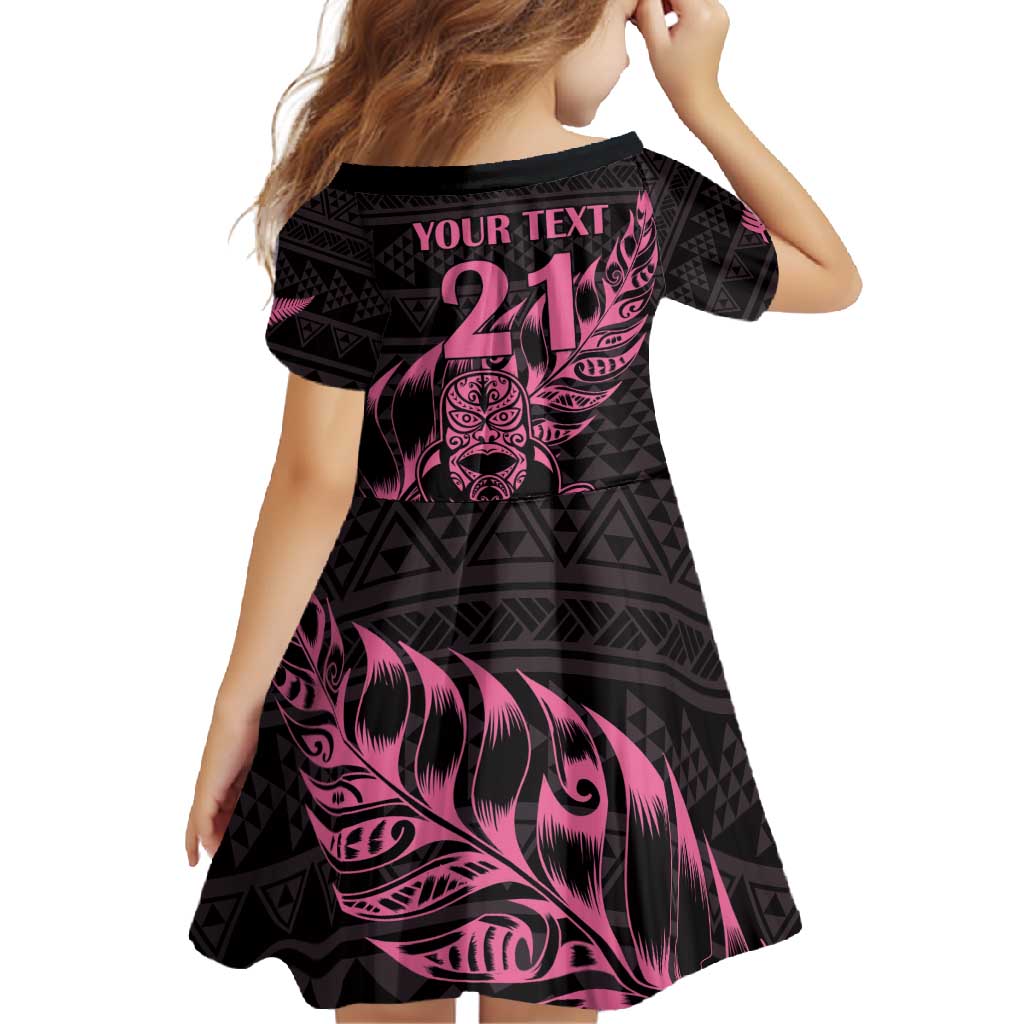 New Zealand Rugby Warrior Custom Family Matching Off Shoulder Maxi Dress and Hawaiian Shirt Pink Fern Taniko Motif