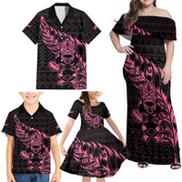 New Zealand Rugby Warrior Custom Family Matching Off Shoulder Maxi Dress and Hawaiian Shirt Pink Fern Taniko Motif