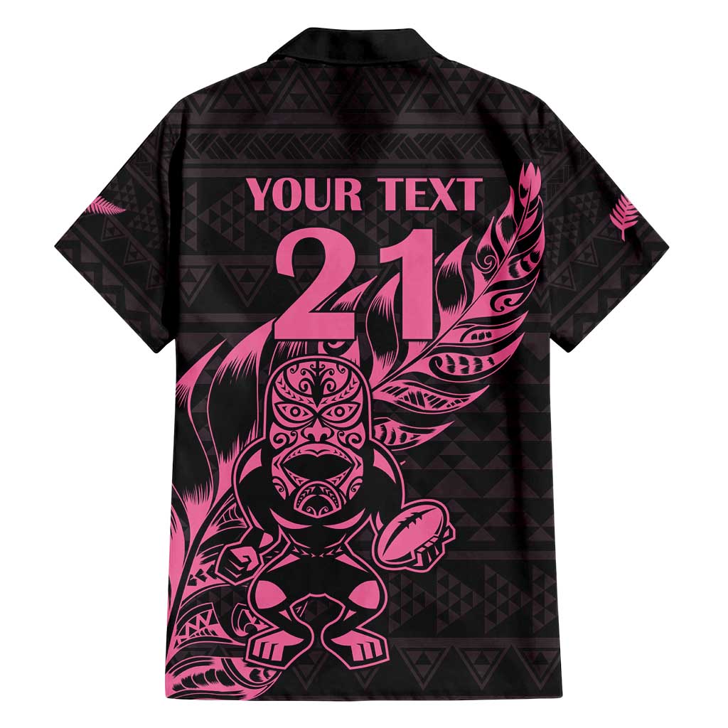 New Zealand Rugby Warrior Custom Family Matching Off Shoulder Short Dress and Hawaiian Shirt Pink Fern Taniko Motif