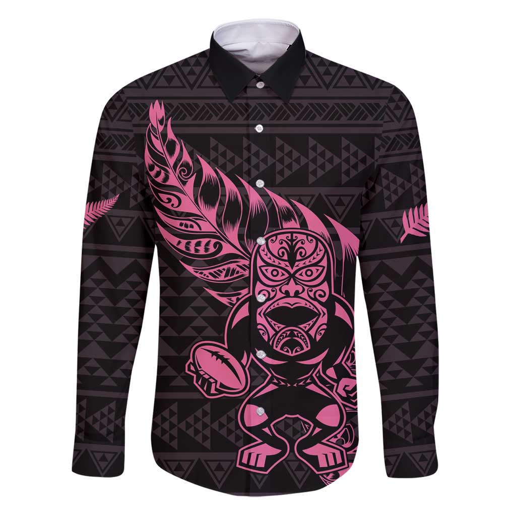 New Zealand Rugby Warrior Custom Family Matching Puletasi and Hawaiian Shirt Pink Fern Taniko Motif