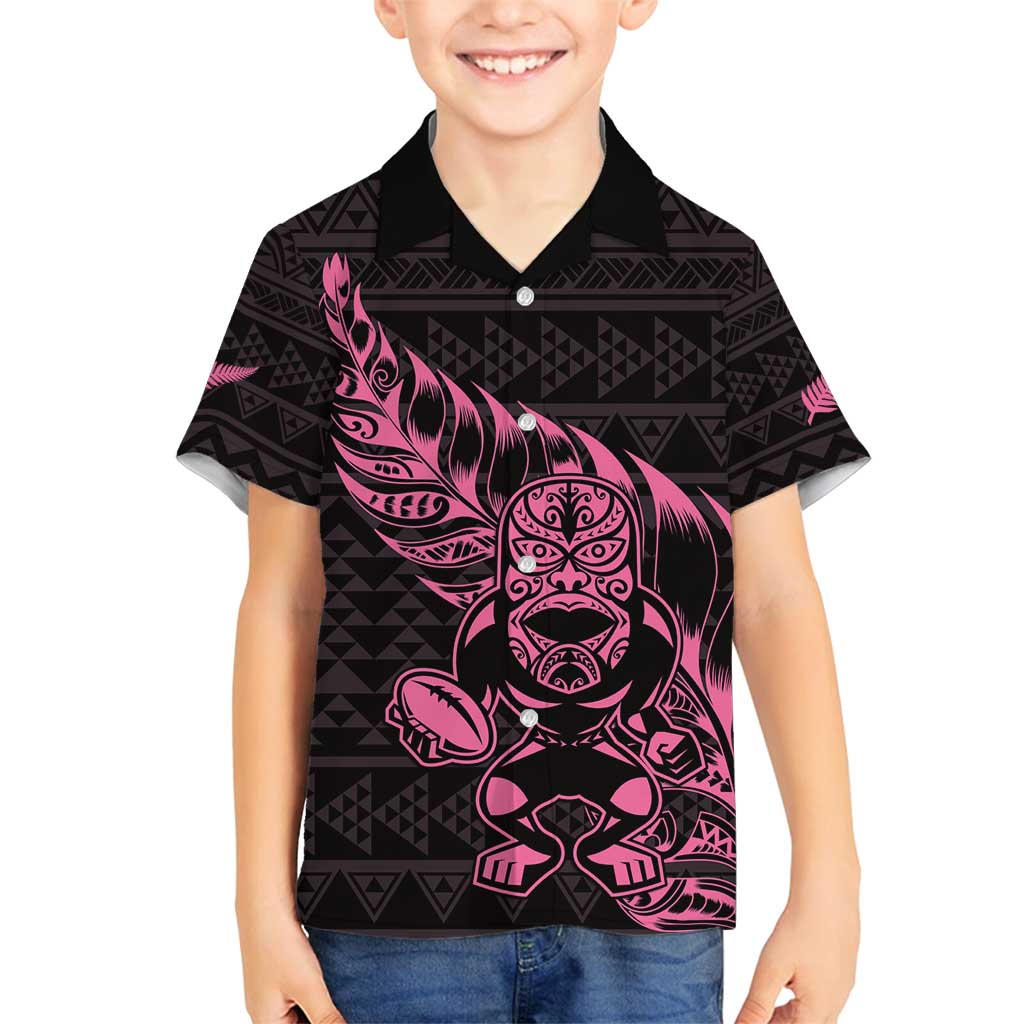 New Zealand Rugby Warrior Custom Family Matching Puletasi and Hawaiian Shirt Pink Fern Taniko Motif