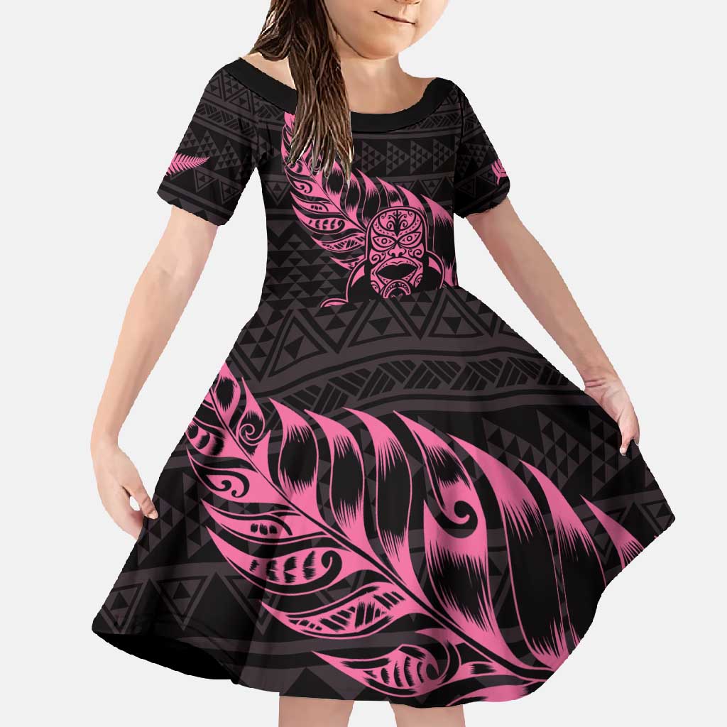 New Zealand Rugby Warrior Custom Family Matching Short Sleeve Bodycon Dress and Hawaiian Shirt Pink Fern Taniko Motif