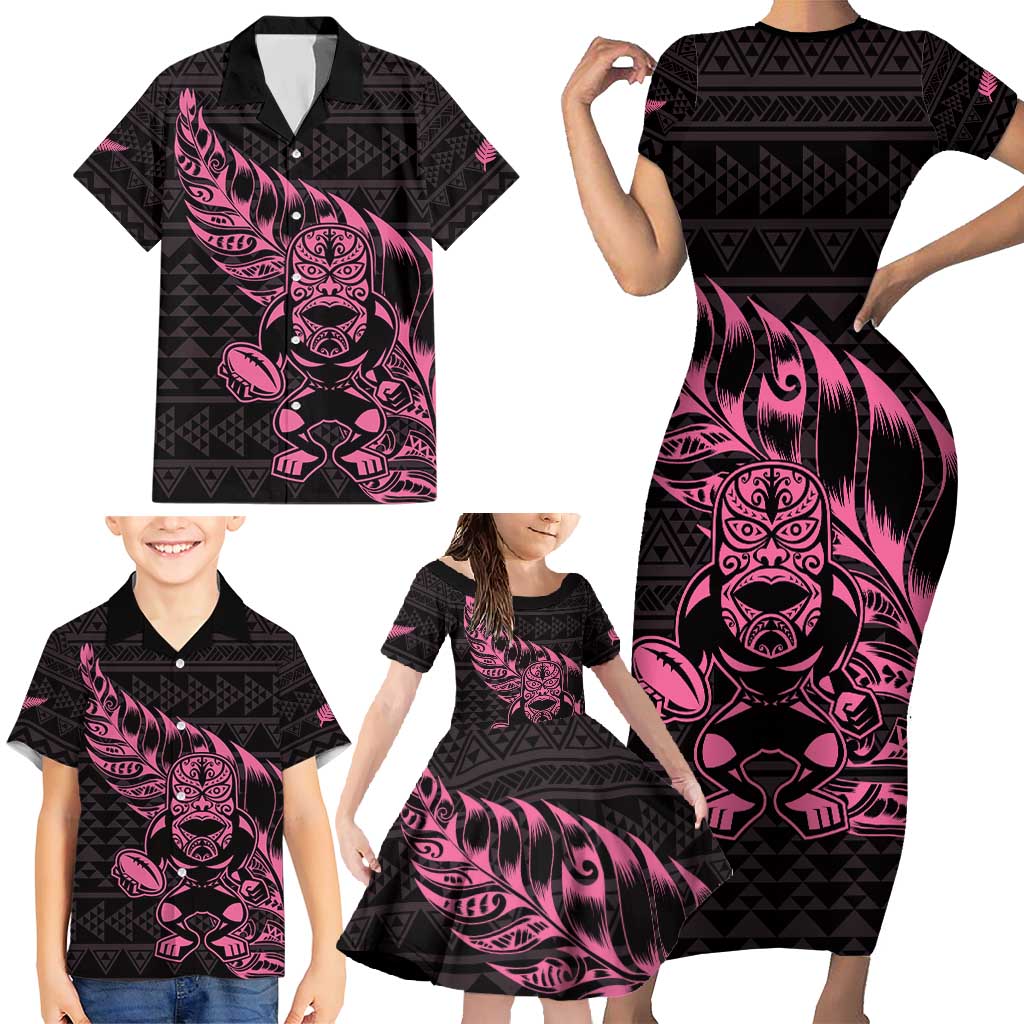 New Zealand Rugby Warrior Custom Family Matching Short Sleeve Bodycon Dress and Hawaiian Shirt Pink Fern Taniko Motif
