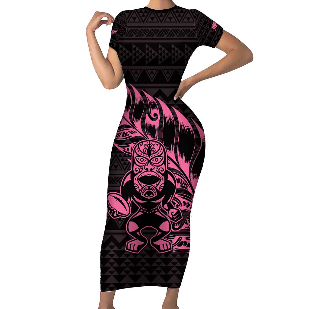 New Zealand Rugby Warrior Custom Family Matching Short Sleeve Bodycon Dress and Hawaiian Shirt Pink Fern Taniko Motif