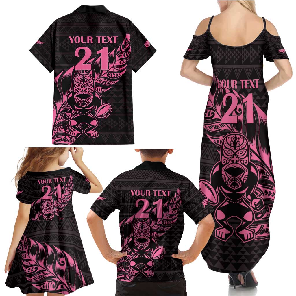 New Zealand Rugby Warrior Custom Family Matching Summer Maxi Dress and Hawaiian Shirt Pink Fern Taniko Motif