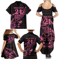 New Zealand Rugby Warrior Custom Family Matching Summer Maxi Dress and Hawaiian Shirt Pink Fern Taniko Motif
