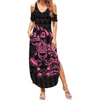 New Zealand Rugby Warrior Custom Family Matching Summer Maxi Dress and Hawaiian Shirt Pink Fern Taniko Motif