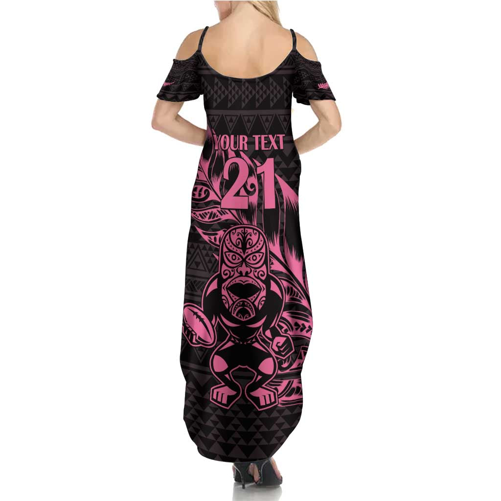 New Zealand Rugby Warrior Custom Family Matching Summer Maxi Dress and Hawaiian Shirt Pink Fern Taniko Motif